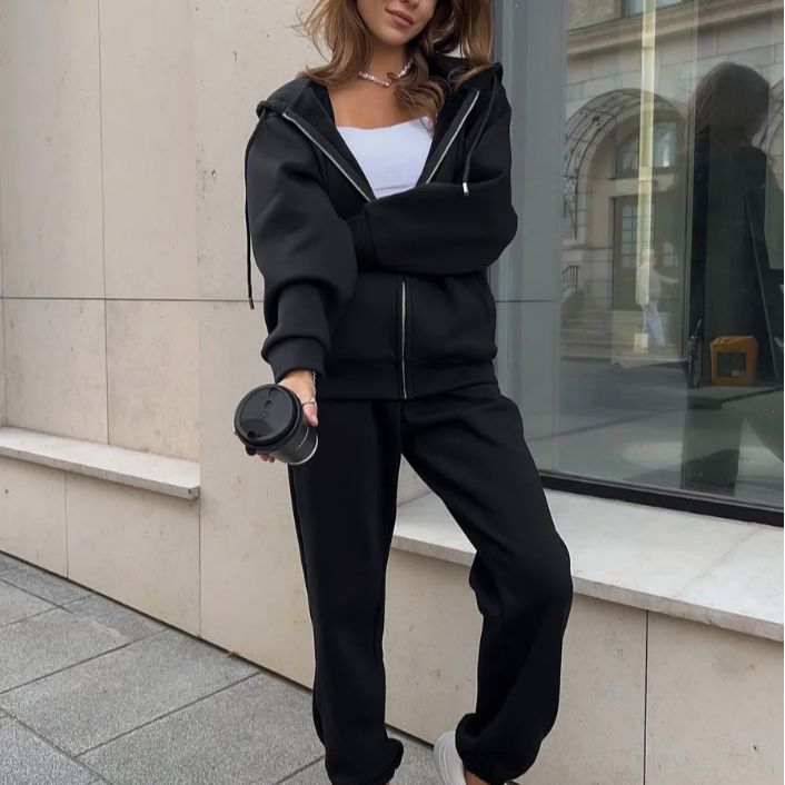 Women's 2-Piece Athletic Set – Zip-Up Hoodie & Jogger Pants (S-XXXL) – Black/Khaki/Pink/Blue – Retro Casual Outfit For Fall_voghion.com