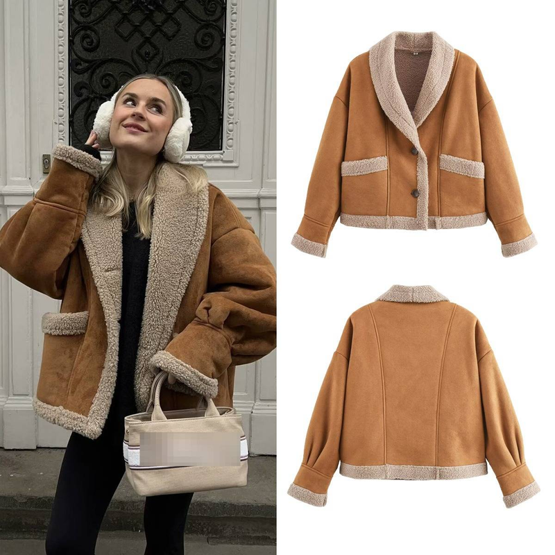 Trendiger Streetwear-Mantel mit Kunstpelzkragen – Übergroße, kurze Jacke aus Wollmischung mit Revers und einreihigem Design (Khaki/Braun/Creme/Schwarz, S-XL)_voghion.com