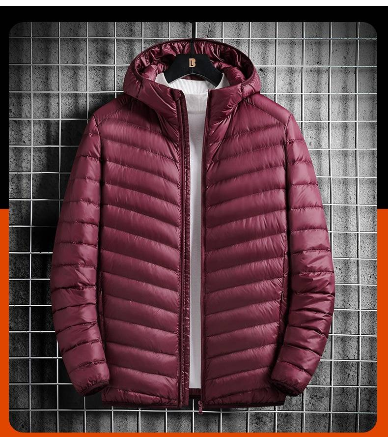 Ultraleichte, verstaubare Daunenjacke für Herren – 600 FP, 90 % weiße Entenfedern, Kapuzenmantel, maschinenwaschbar (Schwarz/Grau/Marineblau/Burgunderrot/Königsblau)_voghion.com
