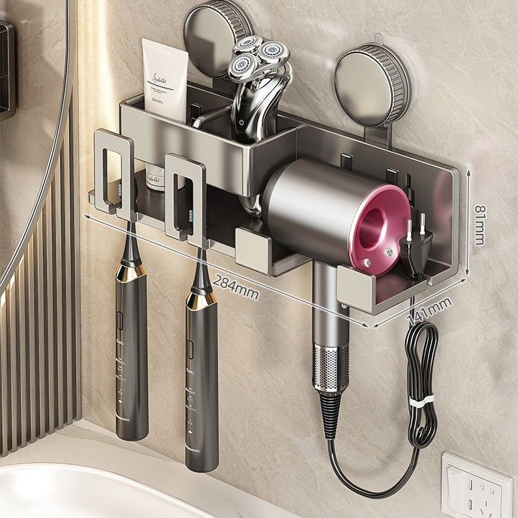 Suction Cup Toothbrush Holder With Cups & Hair Dryer Stand - No Drill Wall Mount Bathroom Organizer For Family Of 4, 3 Or Couples_voghion.com