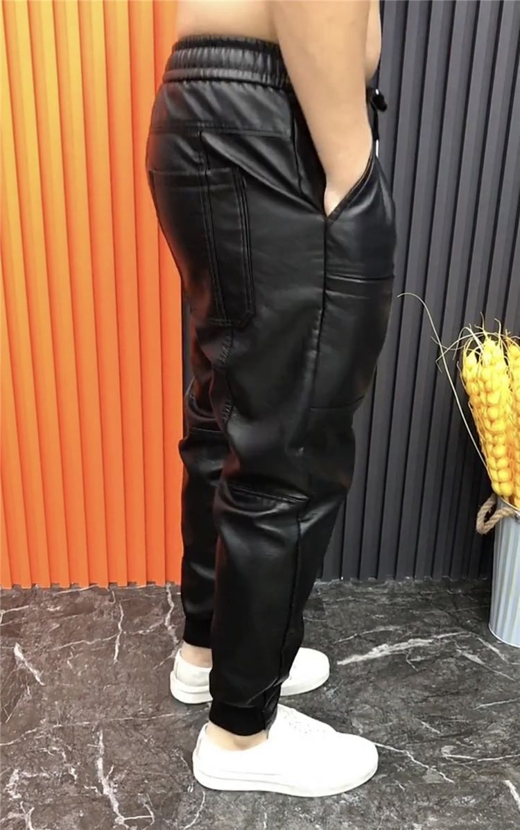 Men's Multi-Pocket Leather Pants - Loose Fit Waterproof Tapered Pants, Trendy Winter Casual Trousers_voghion.com