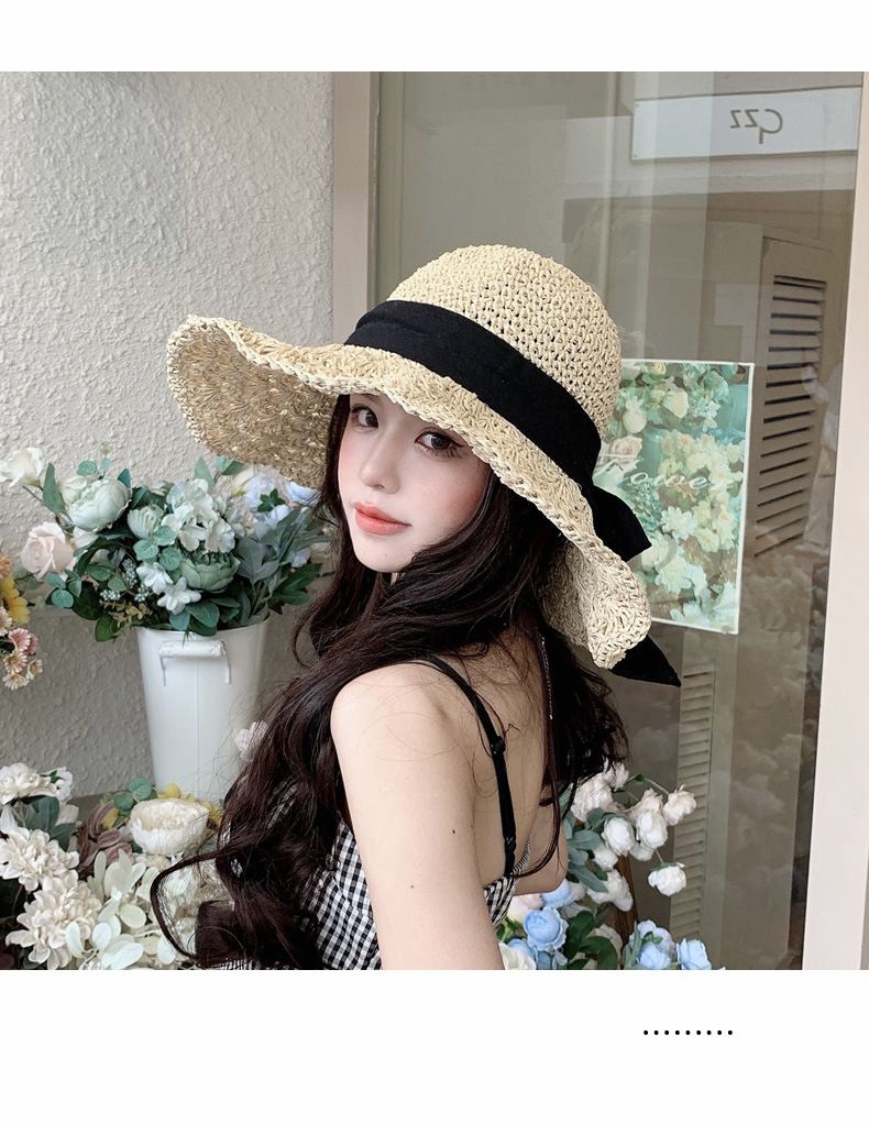 Pdmcms Neuer japanischer Strohhut für Damen, Sommerhut mit Schnürung, große Krempe, Strandhut, faltbar, cooler Urlaubshut, Sonnenschutz und Sonnenschirmhut_voghion.com