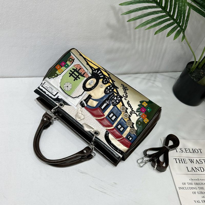 Damentaschen Nähte Kontrastierende Retro-Handtaschen Modische handgemachte kreative Schulter-Umhängetaschen_voghion.com