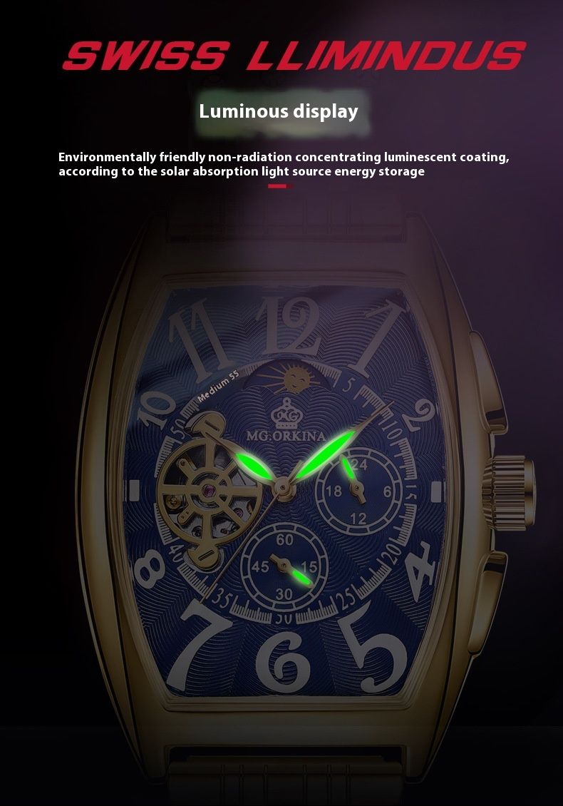 New light luxury tonneau exquisite type waterproof skeleton fashion personality hundred automatic mechanical watch men_voghion.com
