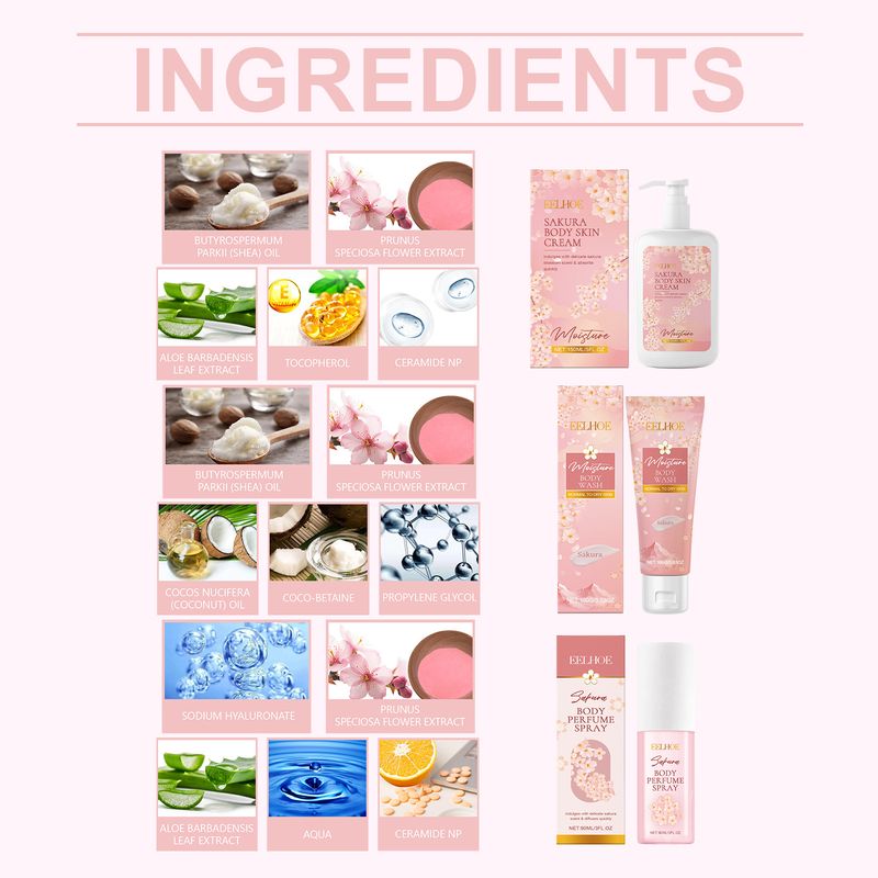 EELHOE Sakura Body Skin Care Kit, Zachte reiniging, hydraterend, hydraterend, voedende huidgeur_voghion.com