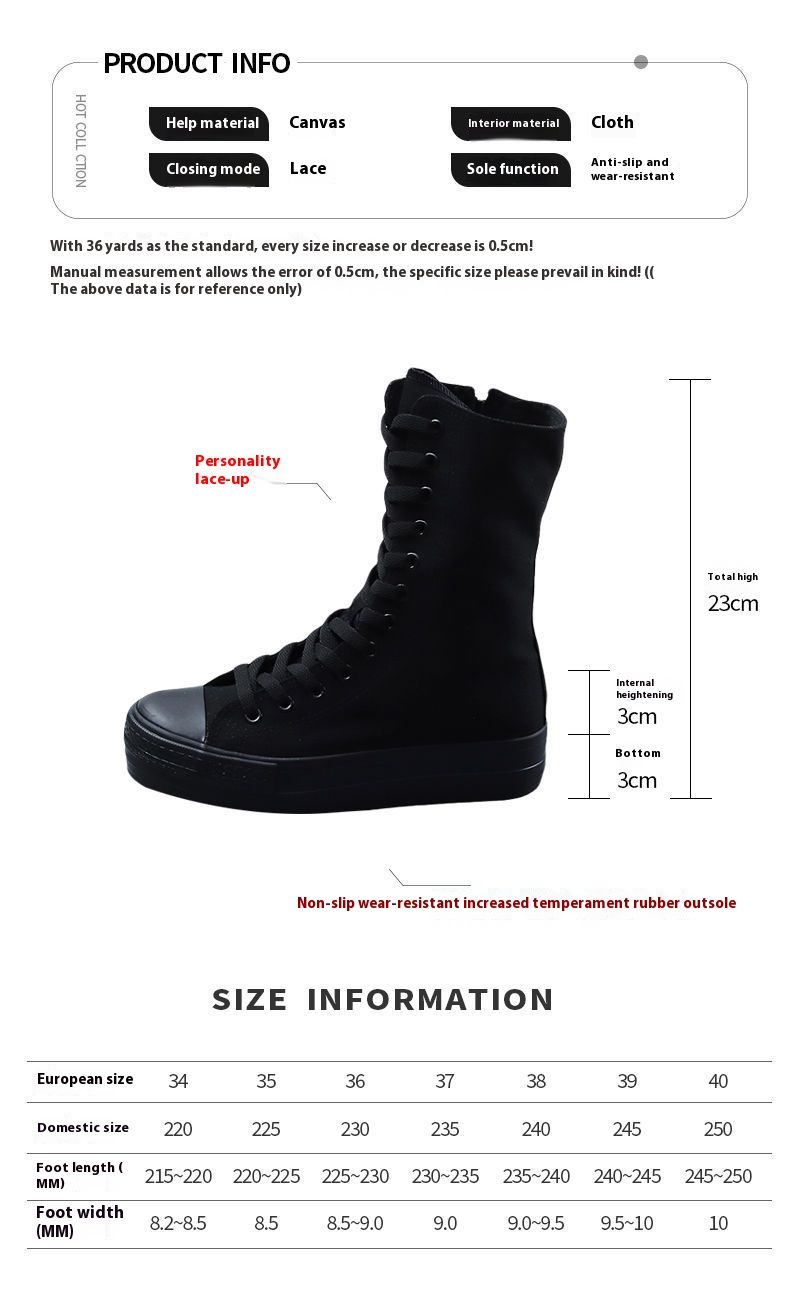 All Black High Top Canvas For Women With Raised Side Zippers, Thick Soles, Long Sleeves, White Minimalist Dance Shoes_voghion.com