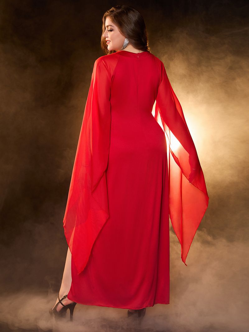 Elegant Plus Size Long Evening Dress With Slit & Batwing Sleeves - Stretchy Polyester Formal Gown For Women (Red, Blue, Black, 1XL-4XL)_voghion.com