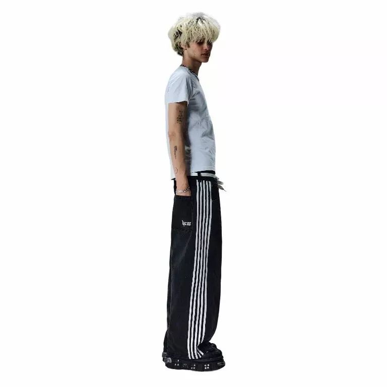 Herrenbekleidung Retro Street Stripe Jeans Washed Distressed Casual Straight Wide Leg Wischhose_voghion.com
