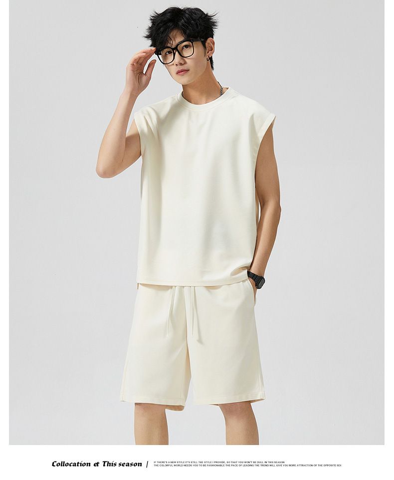 Ensemble de sport sans manches pour hommes, vêtements d'été fins de course à pied, de fitness, T-shirt décontracté, short, ensemble ample en deux pièces_voghion.com