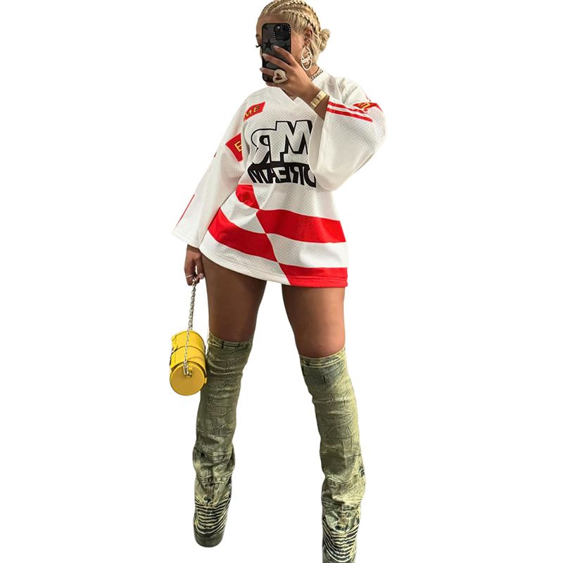 Nuova moda da donna con lettera stampata a contrasto, manica lunga, scollo a V comodo_voghion.com