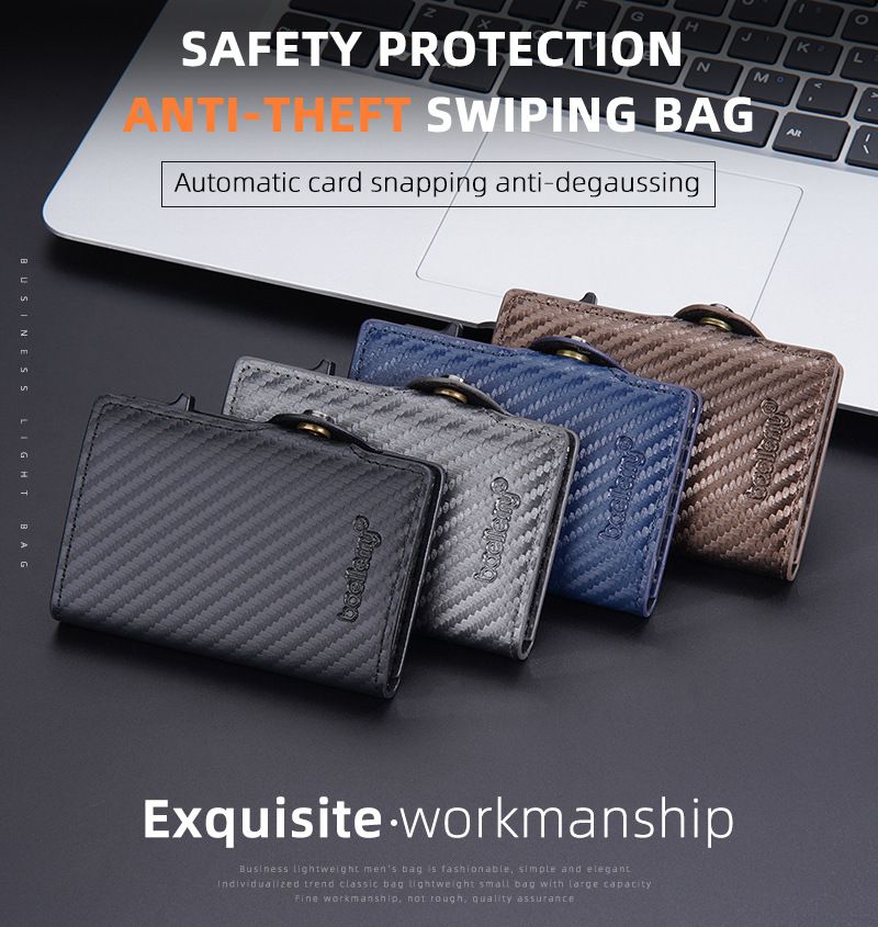 Baellery novo porta-cartões masculino de fibra de carbono RFID minimalista com fivela lateral e porta-cartões de metal com mola_voghion.com