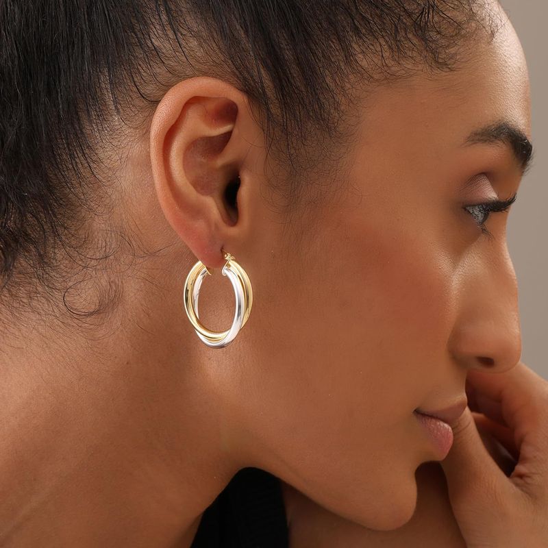 Damenschmuck Messing mit echter Vergoldung, schlicht, glänzend, zweifarbig, doppellagig, modisch, High-End-Ohrringe für Damen_voghion.com