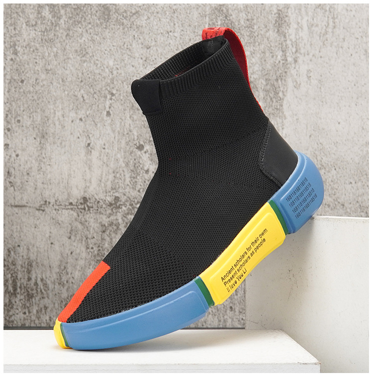 High Top Socks Shoes For Men 2023 Autumn New Trendy Breathable Knitted Slip On Sneakers Thick Sole Color Matching Trendy Shoes_voghion.com