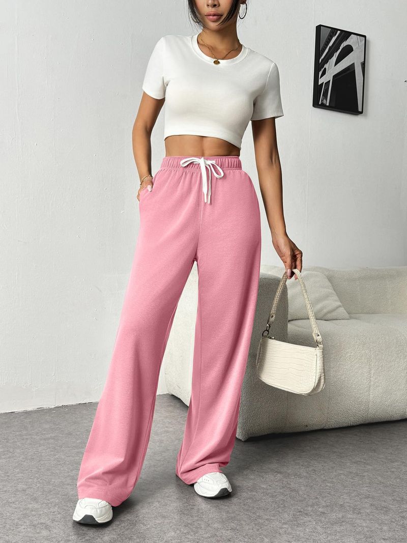 Nuovi pantaloni elastici in vita con tasche laterali, pantaloni della tuta larghi in pile spesso, taglio dritto, tinta unita, pantaloni lunghi da donna_voghion.com