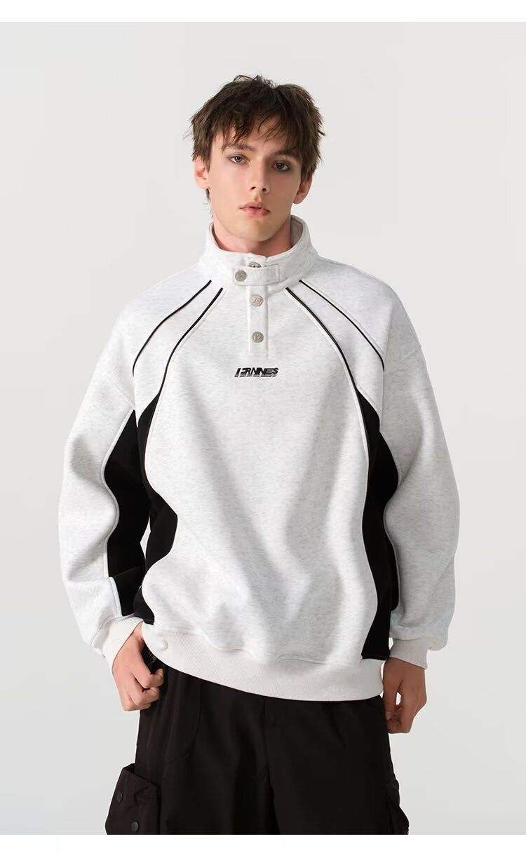 Herren-Sweatshirt mit Stehkragen in schwerer Qualität – trendiger Slim-Fit-Pullover (ohne Markenzeichen, Polyester-Baumwoll-Mischgewebe, schwarz/weiß, lässiges Streetwear-Essential)_voghion.com