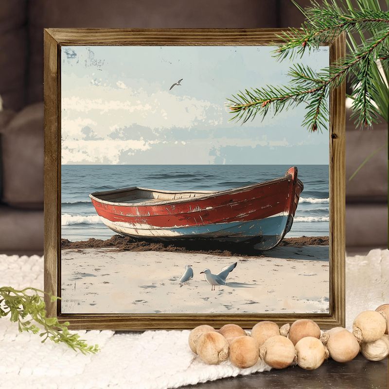 Placa de madeira costeira vintage "8x8" - Cena de praia com barco e gaivota. Decoração rústica de verão para quarto ou escritório. Presente de Natal perfeito._voghion.com