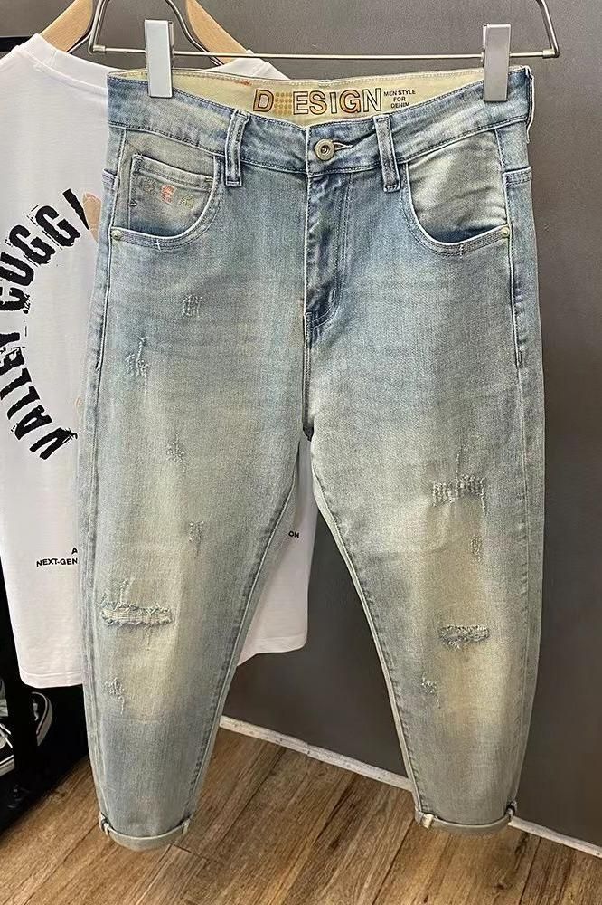 Men's Clothing Slightly Loose Harem Nine Point Pants Summer Thin Light Colored Patch Hole Jeans Men's Elastic Slim Straight Pants_voghion.com