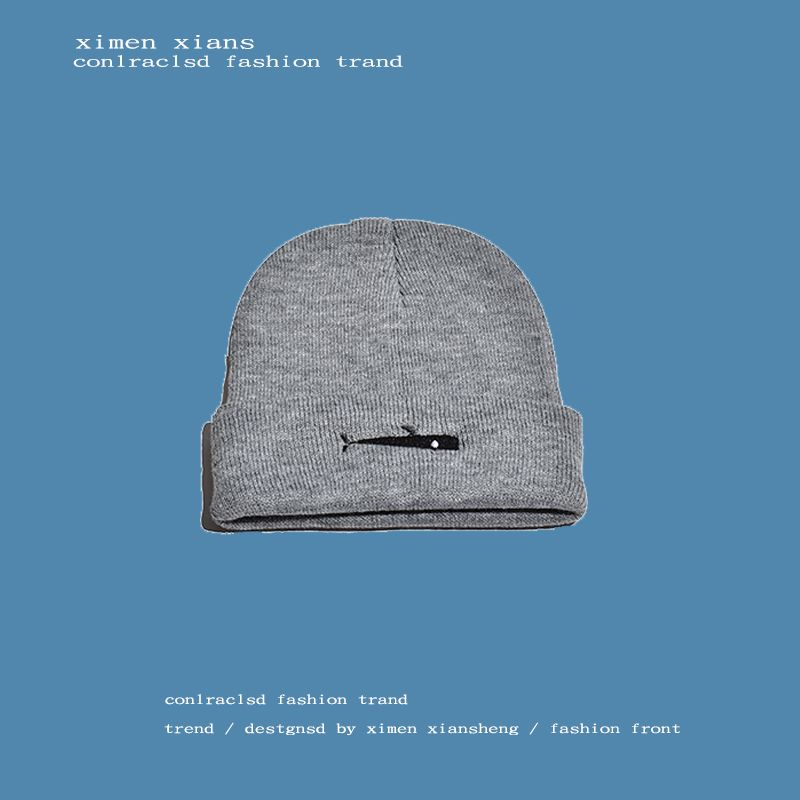 Tendenza Autunno e Inverno Sezione sottile Ricamo di pesci volanti Berretto lavorato a maglia Moda semplice Testa slip-on Hip-hop Berretto di lana nero Uomo e donna_voghion.com