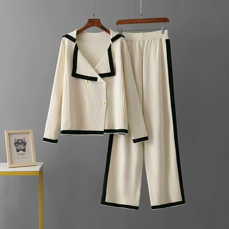 Completo alla moda in rilievo per abbigliamento femminile, elegante e anti-età, maglione girocollo alla moda + pantaloni sportivi casual in maglia larghi_voghion.com