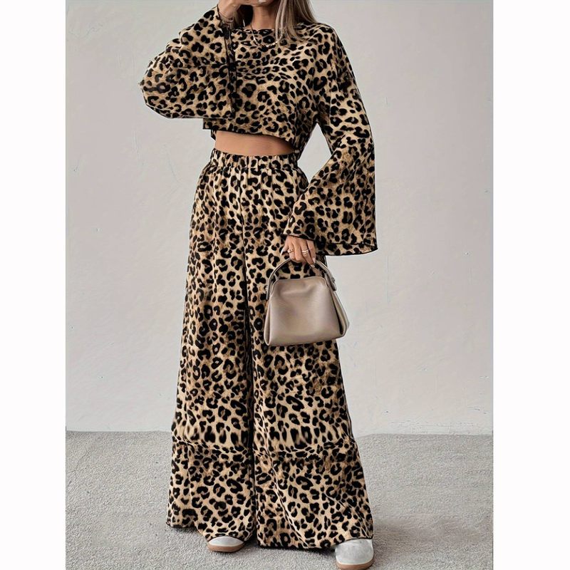 Vêtements pour femmes Printemps Imprimé léopard Ample et confortable Pantalon à manches longues Ensemble deux pièces_voghion.com