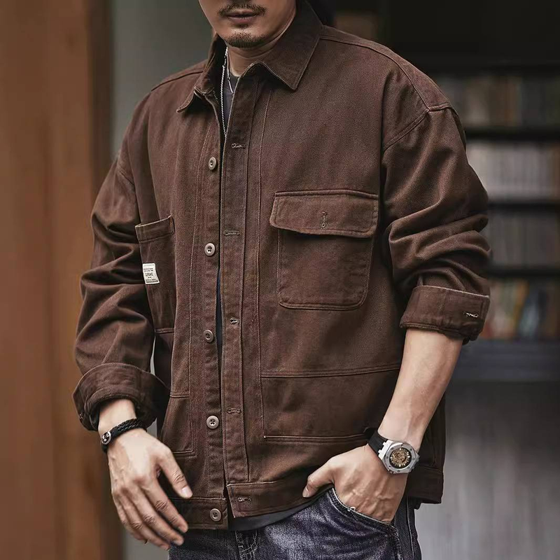 Herrenbekleidung Schweres Retro-Arbeitshemd Herbst Neuer Stil Trendy Hübsche Lose Große Casual Jeansjacke_voghion.com