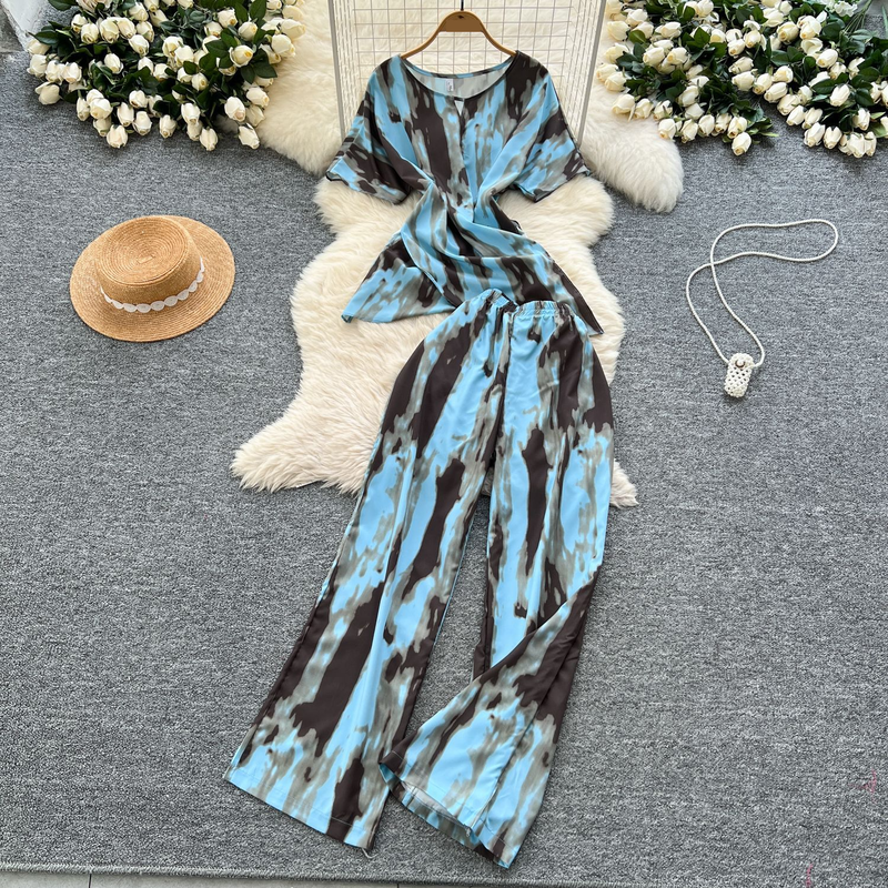 Women's Clothing Two Piece Suit Cross Waist Round Neck Short Sleeves Printed Top High Waist Casual Wide Leg Pants_voghion.com