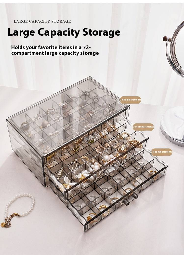 3-Tier Luxury Jewelry Organizer With 72 Compartments - Clear/Translucent PS Storage Box (Dustproof, Moisture-Resistant, Stackable)_voghion.com
