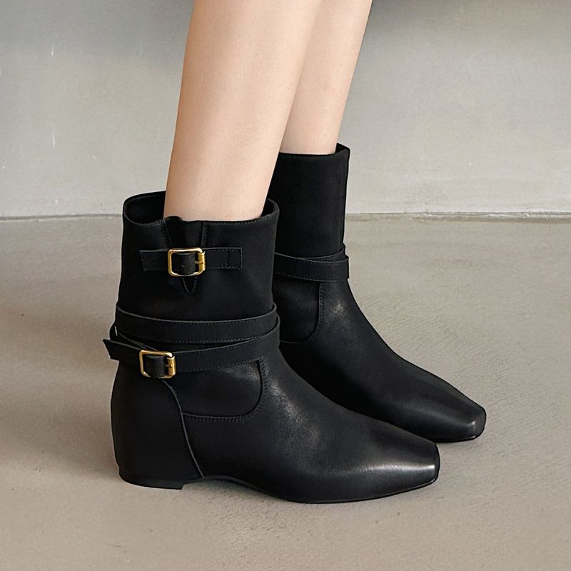 Cameido Women's Fashion Boots Short Ankle Knight Boots With Belt Buckle Flat Heel Hidden Lift Square Toe_voghion.com