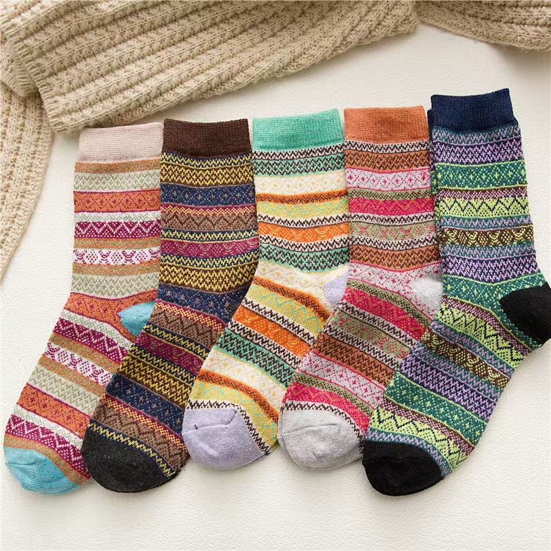 5 Pairs Winter Socks, Warm Thick Soft Mid-calf Socks Vintage Casual Versatile Women's Socks_voghion.com