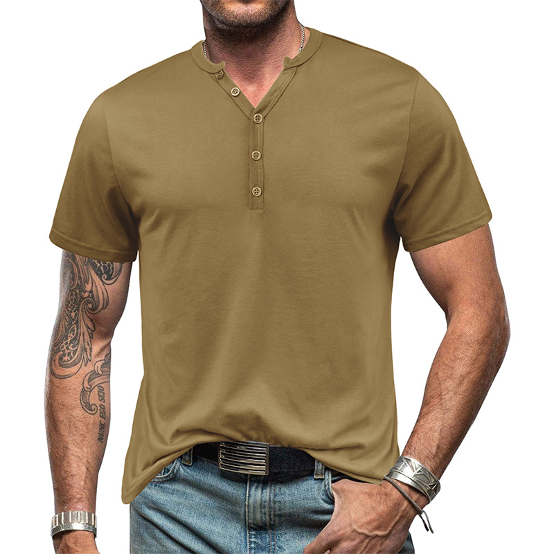 Maglietta estiva da uomo a maniche corte Henry 2023 con scollo a V e bottoni, top Henley_voghion.com