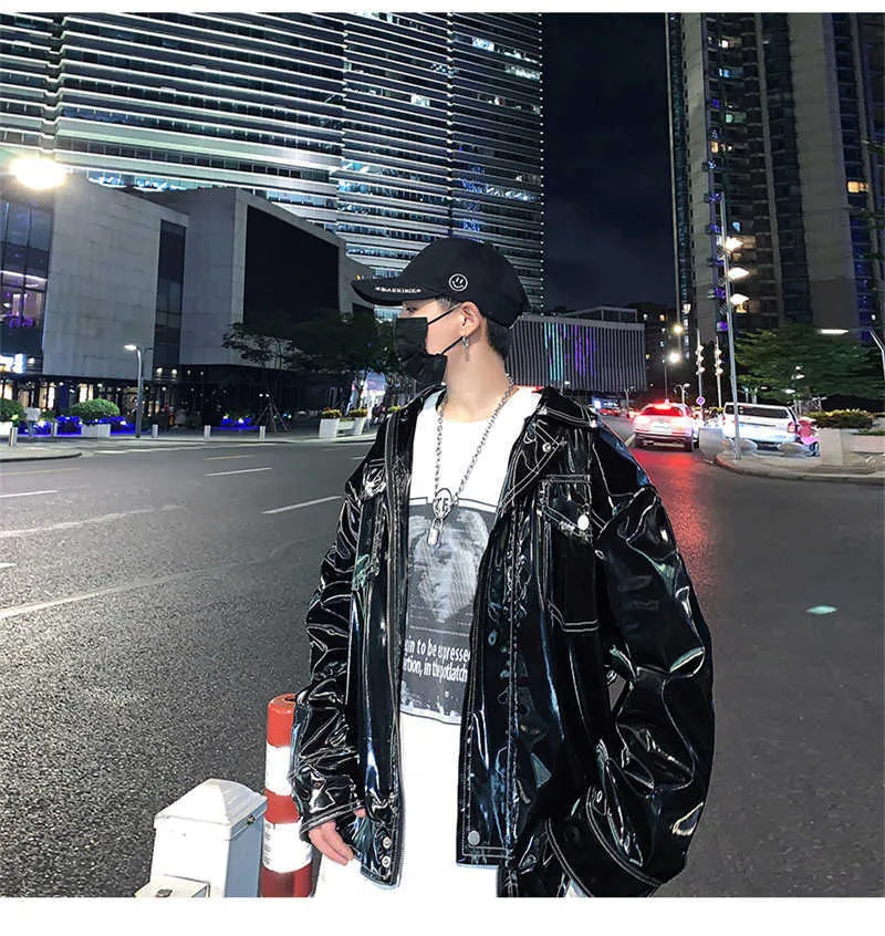 Giacca da uomo in finto Mauroicardi autunno oversize riflettente in vernice lucida con tasche a maniche lunghe 2022 gotico allentato_voghion.com