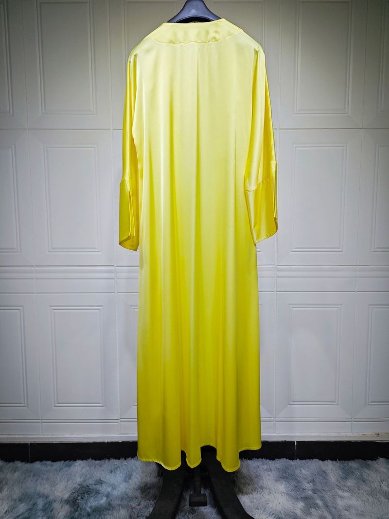 Femei musulmane halat de baie rochie de seară satinată moale cu deschidere frontală halat Abaya culoare solidă_voghion.com