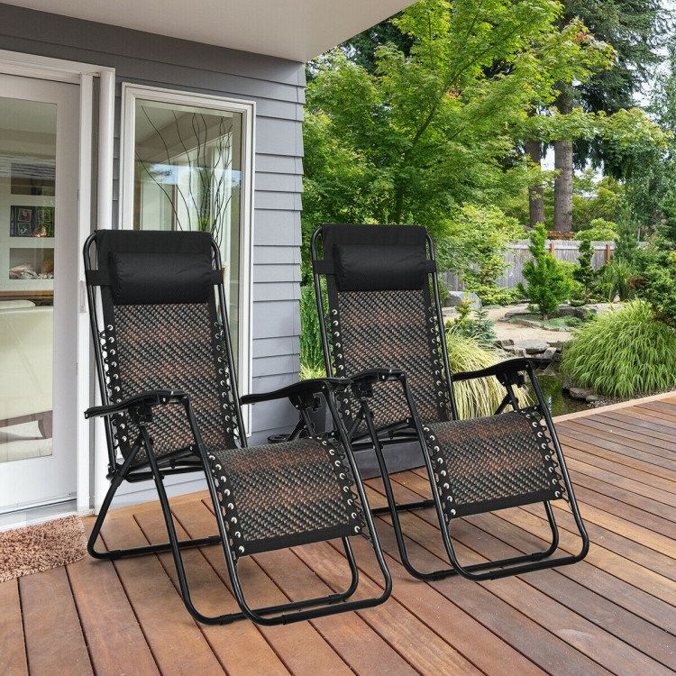 2 Pieces Folding Patio Rattan Zero Gravity Lounge Chair_voghion.com