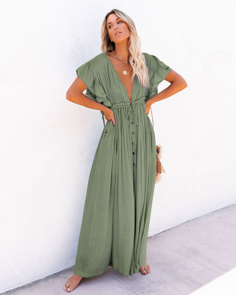 Boho Button Front Cover Up Dress With Belt - Beach Sun Protection Kimono Cardigan For Women_voghion.com