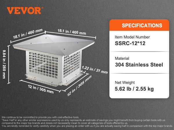 VEVOR Chimney Cap, 12 X 12 Inch, 304 Stainless Steel Fireplace Chimney Cover, Not Easily Toppled & Practical Accessories & Easy Installation, Fits Mesh Flue Covers Outside Clay Flue Shingles, Silver_voghion.com