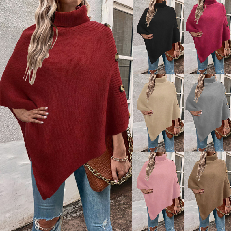 Damen-Cape-Poncho mit hohem Kragen, Strickpullover, Wickelmantel, weiche Polyestermischung, Oversized-Schnitt, Herbst- und Wintermode_voghion.com