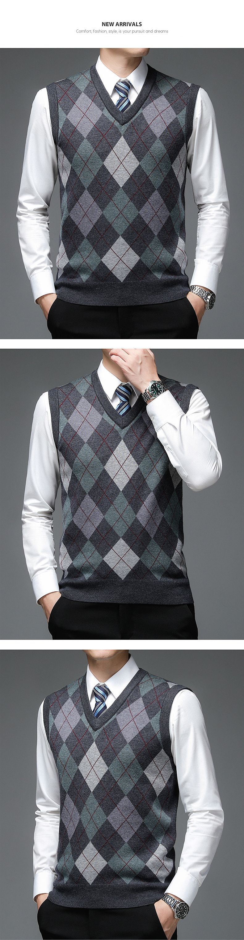 Herrenbekleidung Ärmelloser Pullover mit V-Ausschnitt und Wollweste Ärmelloser Pullover für Väter mittleren und älteren Alters Warme Pulloverweste Modisch_voghion.com