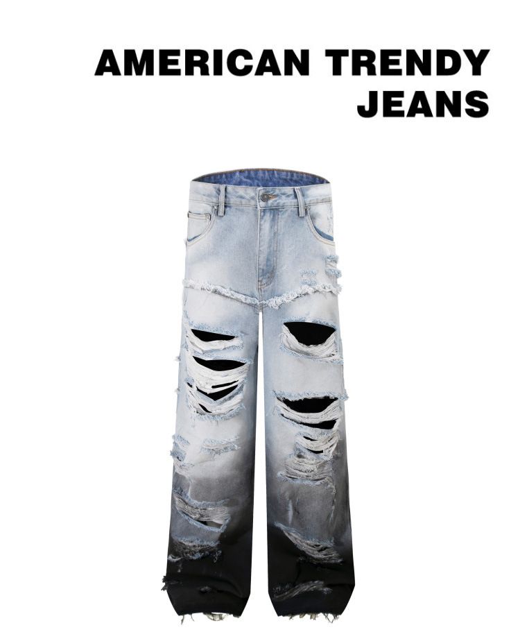 Men's Distressed Washed Jeans - Vintage Gray Gradient, Loose Straight Leg, Baggy Trousers With Artistic Rips (S-3XL)_voghion.com