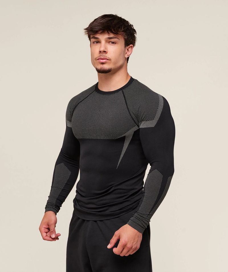 Eng anliegende Herren-Sportbekleidung, Fitness-Laufanzug, elastischer, modischer Rundhalsausschnitt mit Print, lang_voghion.com