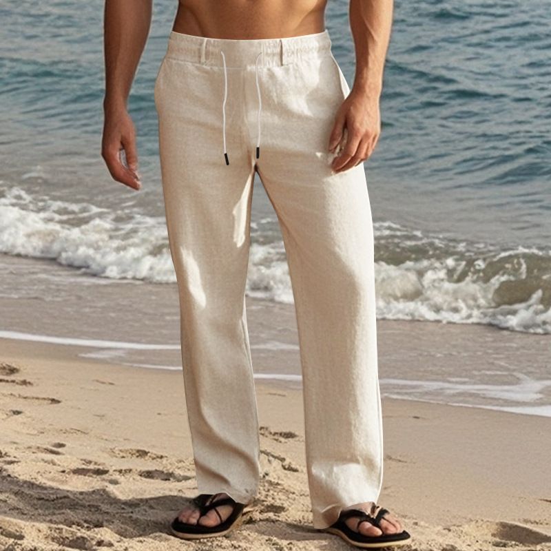 "Freizeithose aus Leinen für Herren - Atmungsaktive Sommerhose mit gerader Passform für Outdoor- und Strandkleidung (Weiß, Schwarz, Grau, Khaki, Armeegrün)"_voghion.com