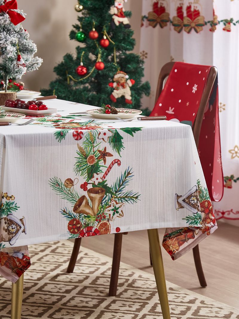 Ensemble de nappes de Noël – Décoration de table de fête en polyester imperméable avec cloches, flocons de neige et sapins pour fête, restaurant, emballage cadeau_voghion.com