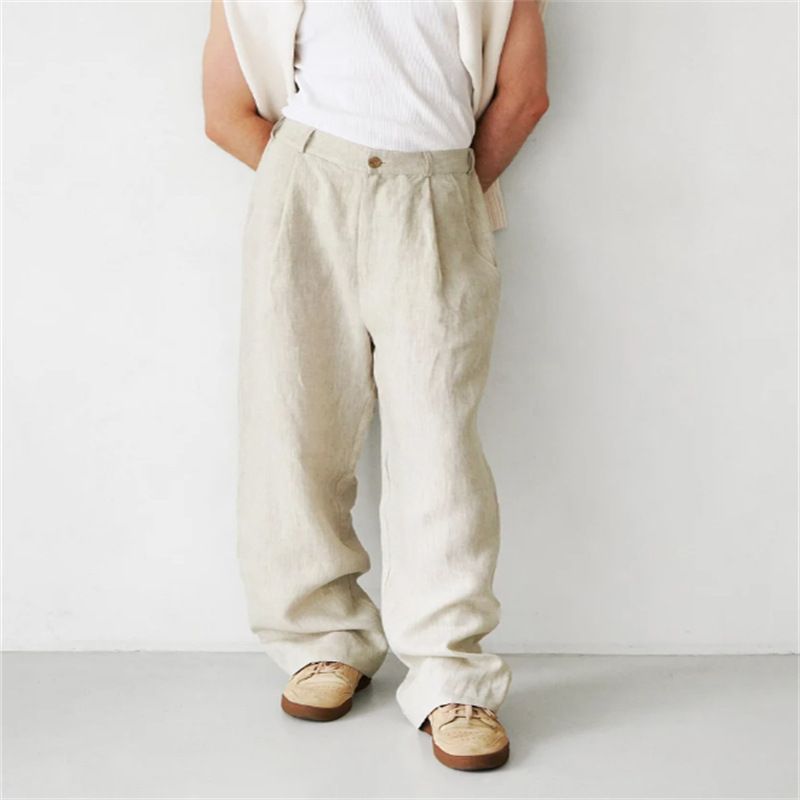 Herrenbekleidung Lockere Jogginghose aus Leinen mit hoher Taille und Falten, atmungsaktive Freizeithose für jeden Tag_voghion.com