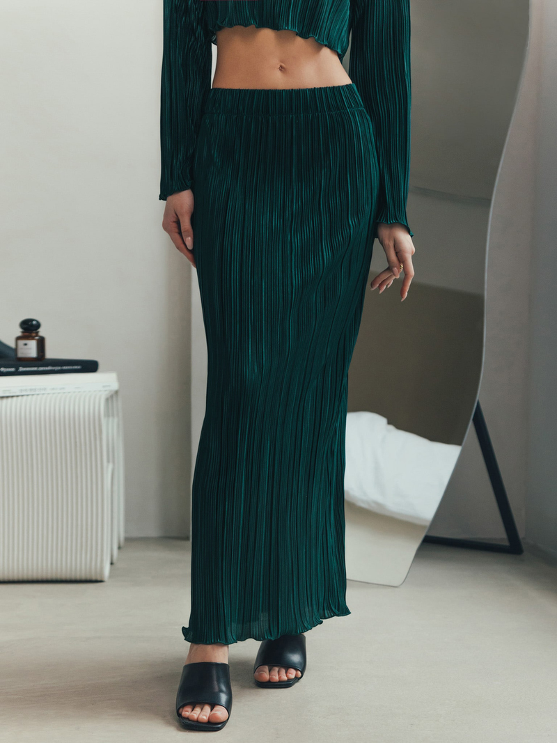 Pleated Women's Suit Bell Sleeve Cropped Top Midi Skirt Suit_voghion.com