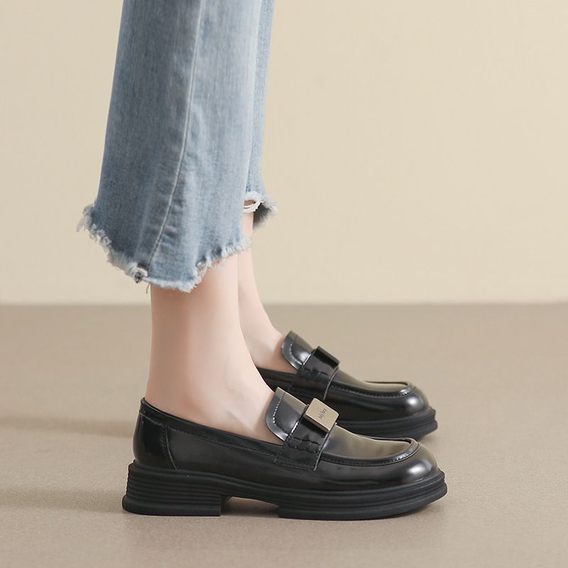 Schwarze kleine Lederschuhe Damen Retro New College Style Loafers Weiche Sohlen Einzelschuhe Damen_voghion.com