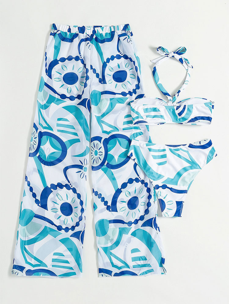 beach sexy printed halter neck three-piece set fashionable trousers swimsuit for women_voghion.com