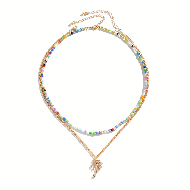 1 stuk Boho gemengde kleuren zaadkralen handgemaakte korte meerlaagse ketting voor mannen creatieve imitatieparel metalen ketting dubbele laag choker dames sieraden_voghion.com
