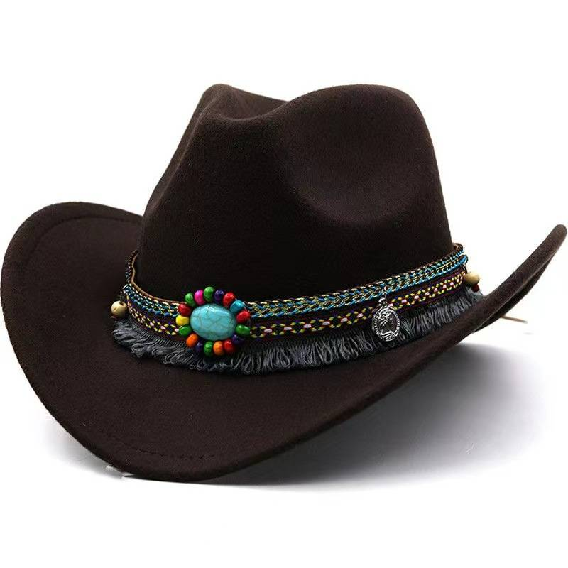 Cappello semplice a tesa rovesciata, cappello jazz in lana, cappello a cilindro stile inglese, cintura stile etnico, cappello da cowboy Western tinta unita_voghion.com