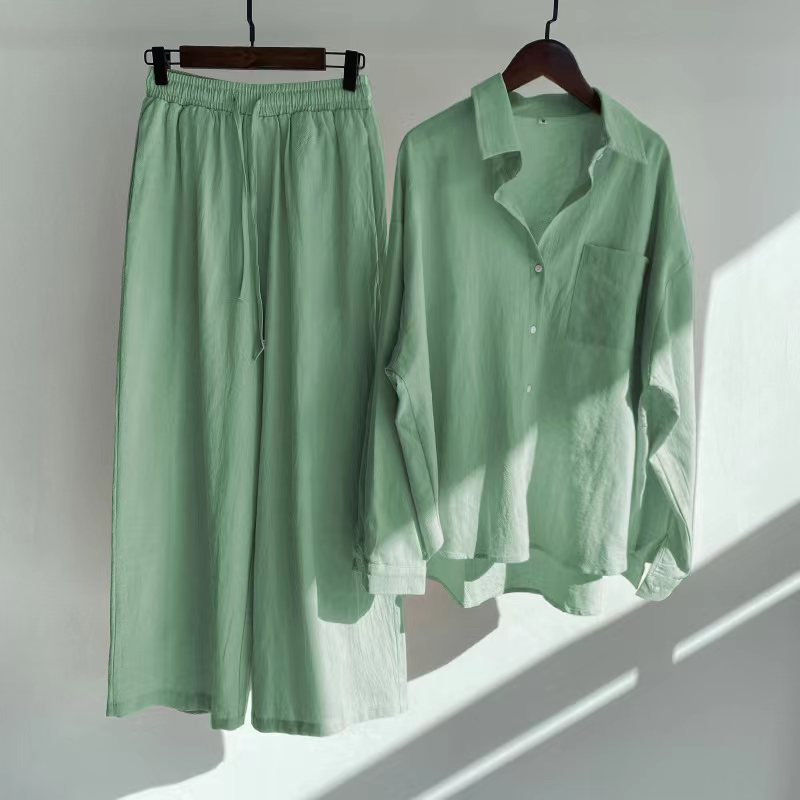 Completo da donna in due pezzi, pantaloni e camicia retrò, 2024, primavera estate, moda, camicia a maniche lunghe in cotone e lino, completo casual da donna_voghion.com