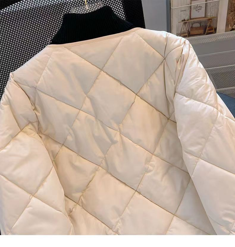 Winter Daunenmantel mit Baumwollpolsterung für Damen, Rautengitter-Knopf, Puffer, warme koreanische Jacken, kurze, leichte, warme Pendlerjacken_voghion.com