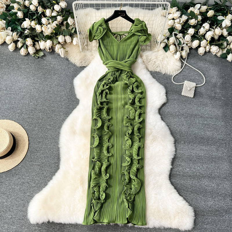 Bankett High-End-Kleid High-End-Licht Luxus Nische Plissee Dreidimensionale Rüschen Schlank Lange Temperament Kleid Für Frauen_voghion.com